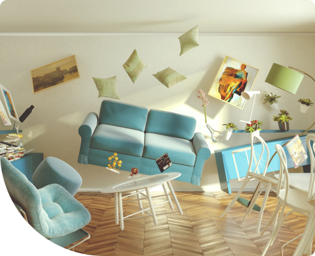 Concept illustration of a living room being shaken up by an earthquake
