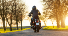 person riding motorcycle down tree lined street